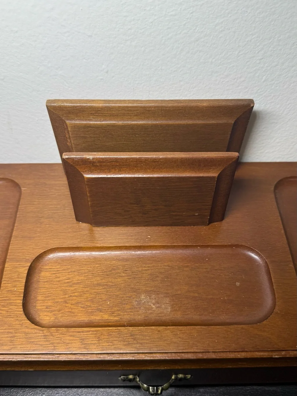 Vintage 1970s London Leather Wooden Valet Jewelry Box & Desk Organizer